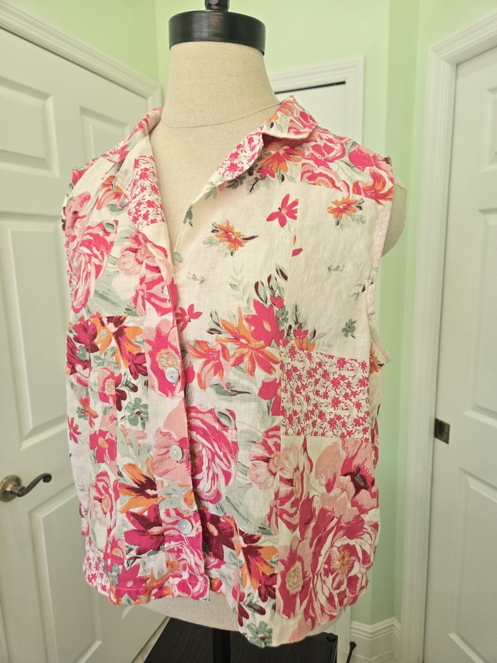 Haute Hippie Linen Boho Pink & Coral Floral Patchwork Sleeveless Blouse